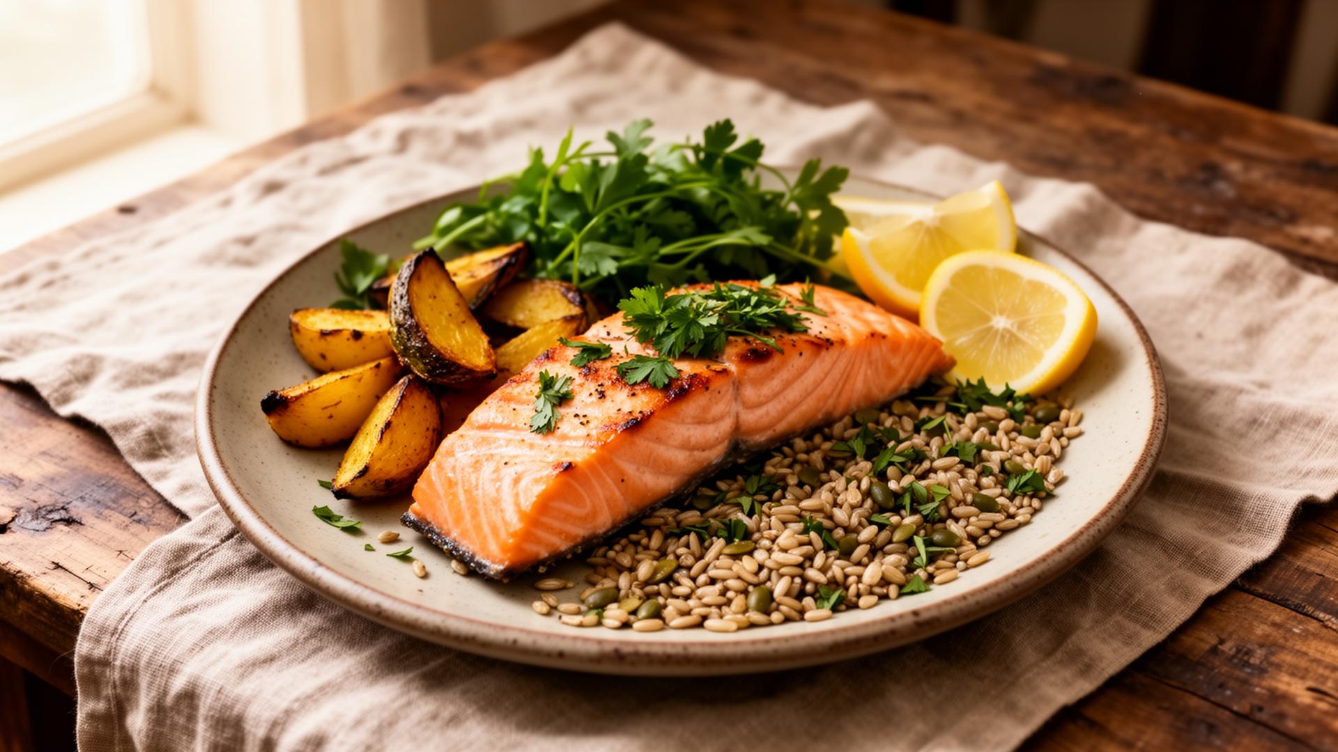 Wholesome plated meal of salmon, roasted vegetables and grains on a rustic table